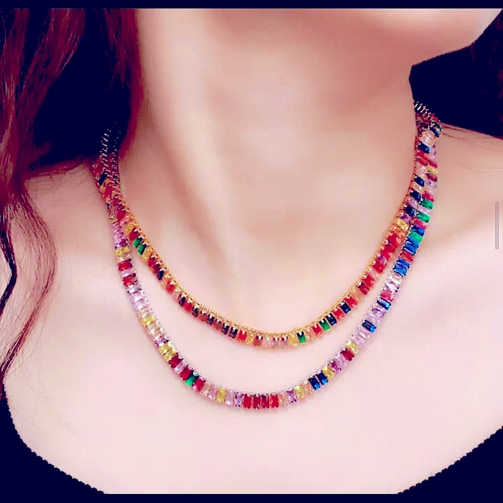 COPY - Pave Multiple Rainbow Rectangle Baguette Chain Link Gold Silver Chocker …